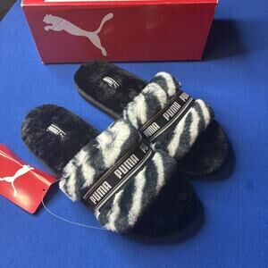 New PUMA Puma Fluff Wild Slides Women Size 7 White/Black , zebra-striped